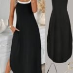 Kadın Ip Askılı Yuvarlak Yakalı Cepli Uzun Viskon Elbise