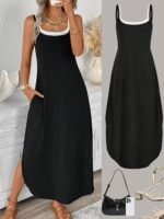 Kadın Ip Askılı Yuvarlak Yakalı Cepli Uzun Viskon Elbise