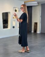 Kadın Kısa Kollu V Yakalı Cep Detaylı Uzun Viskon Iki Iplik Elbise - Görsel 4