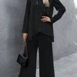 Kadın Uzun Kollu Asimetrik Detaylı Salaş Sandy Bluz Ve Pantolon Ikili Takım