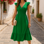 Kadın Kısa Kollu Kruvaze Yakalı Beli Lastikli Müslim Elbise