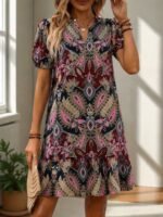 Kadın Kısa Kollu V Yakalı Desenli Kısa Süprem Elbise - Görsel 3