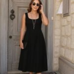 Kadın Askılı Geometrik Yakalı Geniş Kesim Detaylı Ithal Krep Elbise