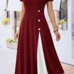 Kadın Kısa Kollu Asimetrik Yakalı Düğme Detaylı Midi Viskon Elbise