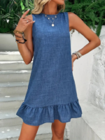 Kadın Kolsuz Bisiklet Yaka Fırfırlı Sofya Elbise - Görsel 3