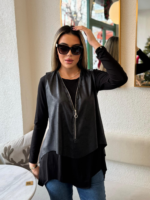 Kadın Uzun Kollu Asimetrik Kesim Viskon Bluz Ve çatlak Deri Görünümlü Yelek Ikili Takım - Görsel 6