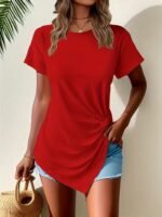 Kadın Kısa Kollu Bisiklet Yaka Asimetrik Kesim Detaylı Viskon Bluz - Görsel 3