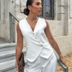 Kadın Sıfır Kollu çapraz V Yakalı önden Düğmeli Atlas Yelek Ve Pantolon Ikili Takım