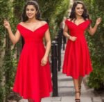 Kadın Kısa Kollu Kruvaze Yaka Eteği Volanlı Krep Elbise - Görsel 7