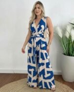 Kadın Askılı Kruvaze Yakalı Belden Kuşaklı Uzun Desenli Süprem Tulum - Görsel 3