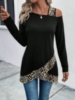 Kadın Tek O Uzdan Açık Askılı Uzun Kollu Leopar Detaylı Viskon Bluz