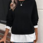 Kadın Uzun Kollu Bisiklet Yaka Viskon Iki Iplik Ve Etek Ucu Trikoton Bluz