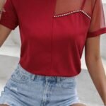 Kadın Kısa Kollu Tül Detaylı Taşlı Janjan Krep Bluz