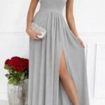 Kadın Omuzlardan Açık Asimetrik Yaka Detaylı Yırtmaçlı Maksi Boy Janjan Krep Elbise