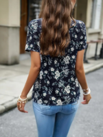 Kadın Kısa Kollu V Yakalı çiçek Baskılı Süprem Bluz - Görsel 2