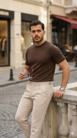 Erkek Basic Bisiklet Yaka Kısa Kollu Triko Tişört - %100 Pamuk Akrilik - Görsel 5