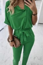 Kadın Kısa Kollu Yakalı önden Düğmeli Bürümcük Bluz Ve Pantolon Ikili Takım - Görsel 3