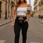 Kadın Kısa Kollu Madonna Yaka Viskon Crop Bluz Cepli Iki Iplik Eşofman Takım