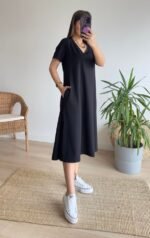 Kadın Kısa Kollu V Yaka Cepli A Kesim Detaylı Viskon Elbise - Görsel 6