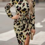 Kadın Uzun Kollu Yuvarlak Yaka Belden Kuşaklı önden Yırtmaçlı örme Krep Elbise