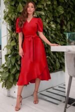 Kadın Kruvaze Yaka Midi Boy Kuşaklı Krep Elbise 120 Cm - Görsel 4