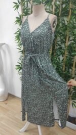 Kadın Ip Askılı Kruvaze Yakalı Yırtmaçlı Uzun Desenli Kuşaklı Süprem Elbise - Görsel 8