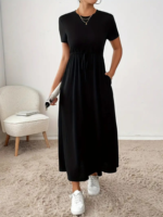 Kadın Kısa Kollu Bisiklet Yaka Belden Bağcıklı Cepli Viskon Elbise - Görsel 5