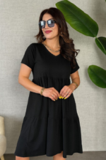 Kadın Kısa Kollu V Yakalı Viskon Elbise