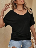 Kadın Tek Omuzu Açık Kısa Kollu Salaş Viskon Bluz - Görsel 3