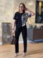 Kadın Bisiklet Yaka Kısa Kol Leopar Desen Bluz Ve Pantolon Ikili Takım - Görsel 3