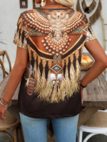 Kadın Kısa Kollu V Yakalısalaş Etnik Desenli Süprem Bluz - Görsel 5