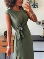 Kadın Kısa Kollu Yuvarlak Yaka Belden Bağcıklı önden Yırtmaçlı Aerobin Elbise - Görsel 2