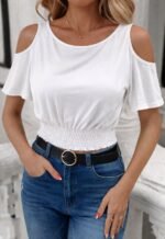 Kadın Omuzu Açık Beli Lastikli Kısa Kol Bluz - Görsel 2