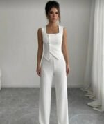 Kadın Düğmeli Bürümcük Kumaş Takım