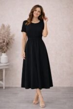 Kadın Kısa Kollu Yuvarlak Yaka Arkadan Düğmeli Viskon Midi Elbise - Görsel 5