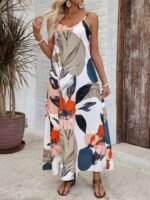 Kadın Ip Askılı Geniş V Yakalı Desenli Süprem Elbise - Görsel 2