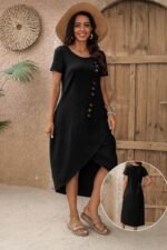 Kadın Kısa Kollu Bisiklet Yaka Düğme Detay Müslim Elbise - Görsel 2