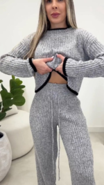 Kadın Uzun Kollu Bisiklet Yaka Kısa Trıko Bluz Ve Pantolon Ikili Takım - Görsel 4