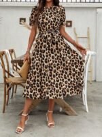 Kadın Kısa Kollu Yakalı Belden Kuşaklı Leopar Desenli Midi Süprem Elbise - Görsel 3