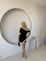 Kadın Kısa Kollu Asimetrik Kesim Yaka şerit Ve Aksesuar Detaylı Modal Elbise - Görsel 4