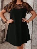 Kadın Kısa Kollu Dantel Bisiklet Yaka Ve Kol Dantel Detaylı Janjan Krep Elbise - Görsel 4