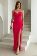 Kadın Dalgıç Kumaş V Yaka Yırtmaç Detaylı Maxi Boy Elbise