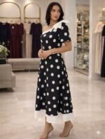 Kadın Omuz Dekolteli Fiyonk Ve Puantiye Detay Maxi Boy Elbise - Görsel 2