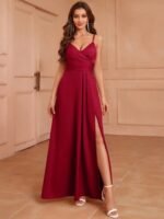 Kadın Ip Askılı Kruvaze Yakalı Yırtmaçlı Uzun Ithal Krep Elbise - Görsel 5