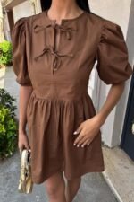 Önü Fiyonk Bağlamalı Ve Balon Kollu Elbise 2893 - Görsel 7