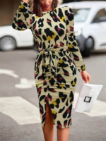 Kadın Uzun Kollu Yuvarlak Yaka Belden Kuşaklı önden Yırtmaçlı örme Krep Elbise - Görsel 3