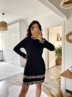 Kadın Uzun Kollu Bisiklet Yaka şerit Leopar Desenli Kısa Dalgıç Elbise - Görsel 9