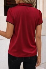 Kadın Kısa Kollu Yakası Fırfırlı Bağcıklı Janjan Krep Bluz - Görsel 3