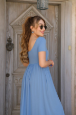 Kadın Kısa Kollu Yuvarlak Yaka önden Yırtmaçlı Cepli Viskon Uzun Elbise - Görsel 2