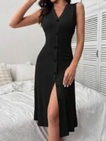 Kadın V Yakalı önden Düğmeli Kaşkorse Elbise - Görsel 6